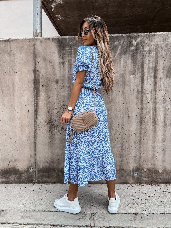 Becca Blue Floral Print Button Midi Dress